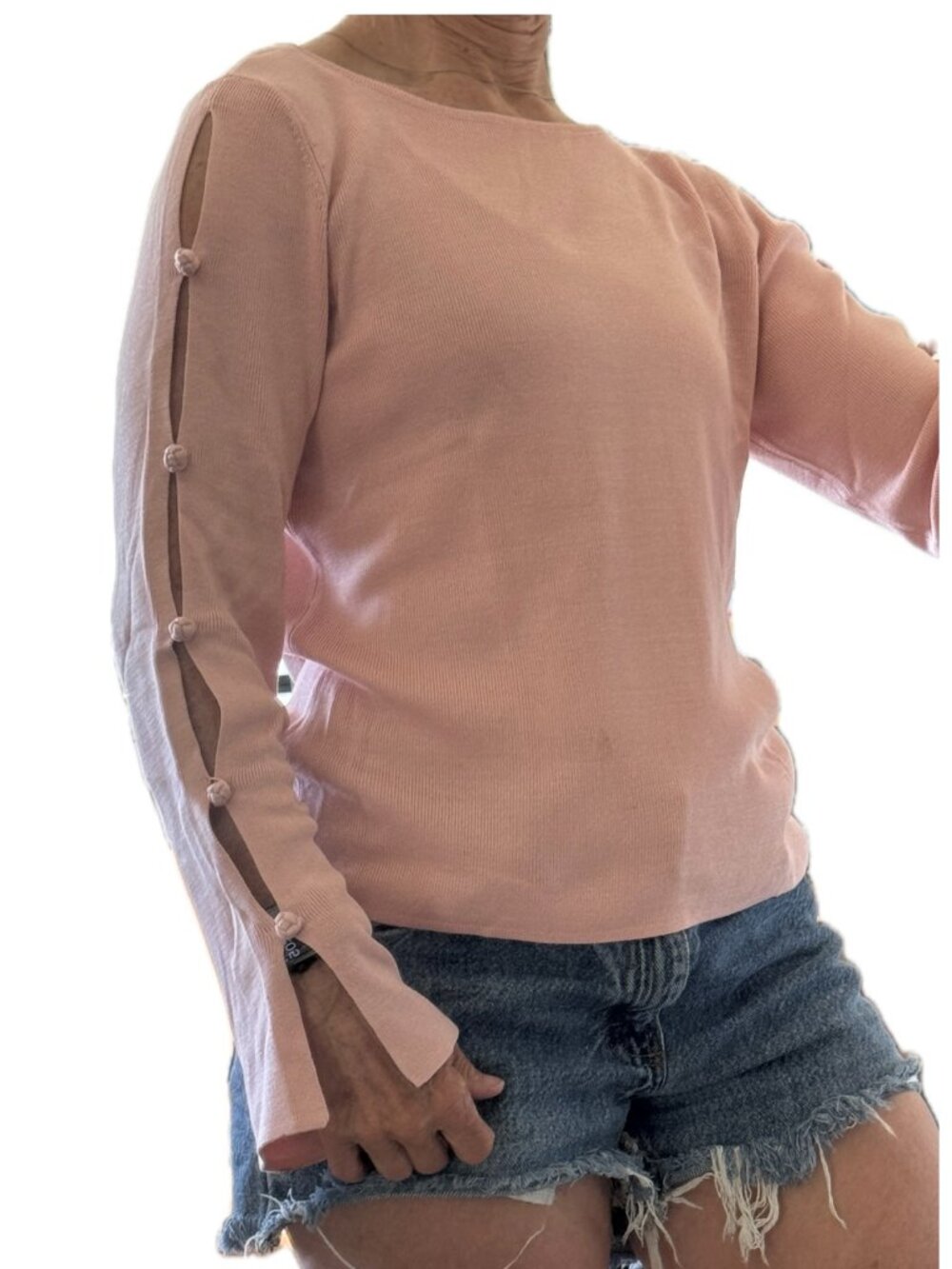 Pink Ribbed Silk Sweater Peekaboo Long Sleeve Sz M Colette Mordo Sadimara